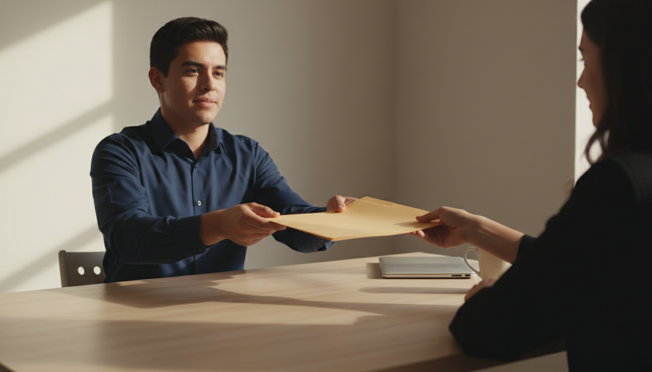 Northeastern student handing a closed manila folder of rental application documents across the desk to a leasing agent