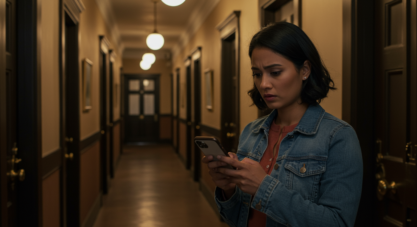Renter scrolling apartment listings in Boston brownstone hallway looking uncertain about open listing fees