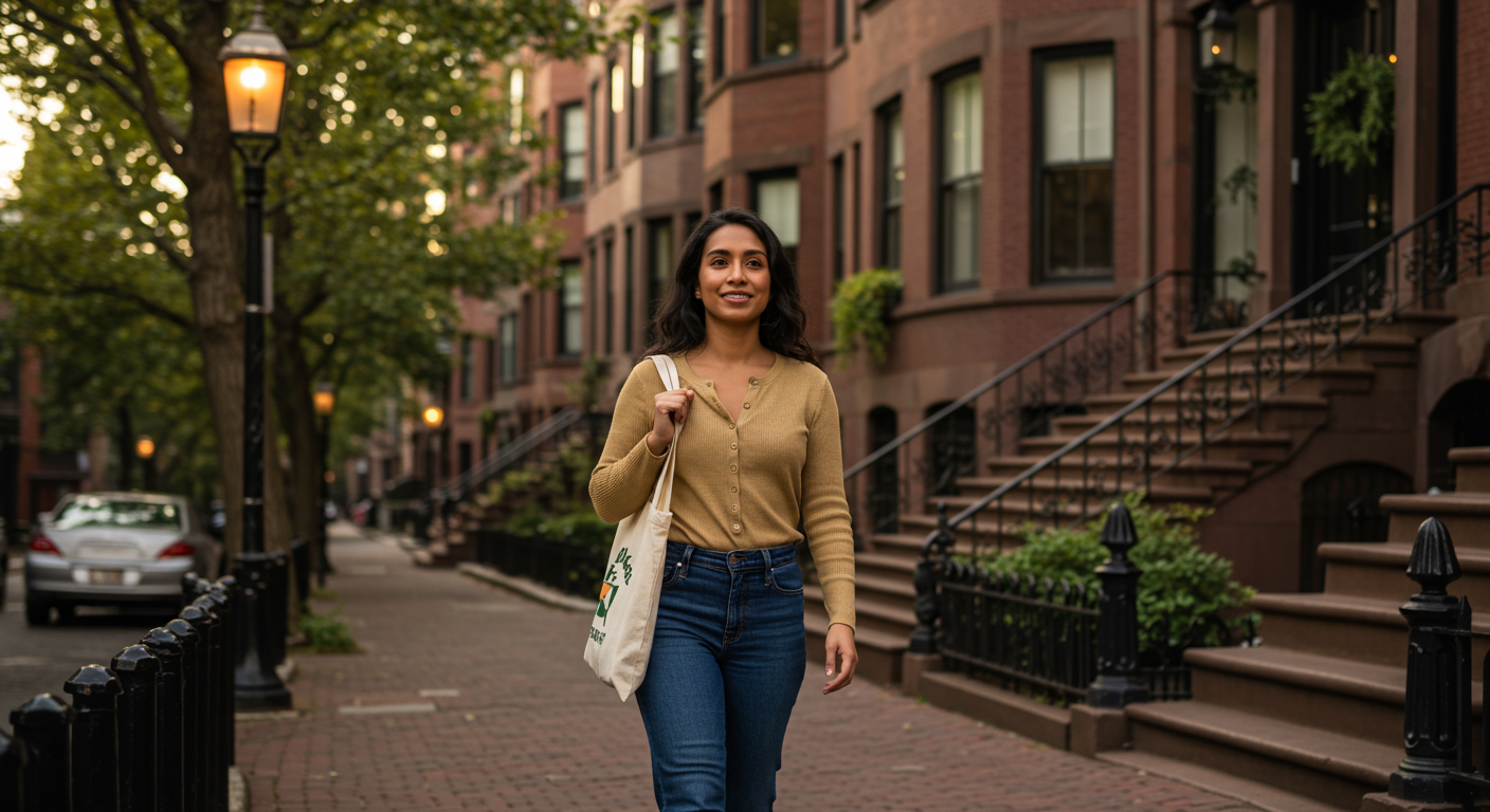 Confident renter walking along tree-lined Boston street with brownstone buildings after learning broker fee rights