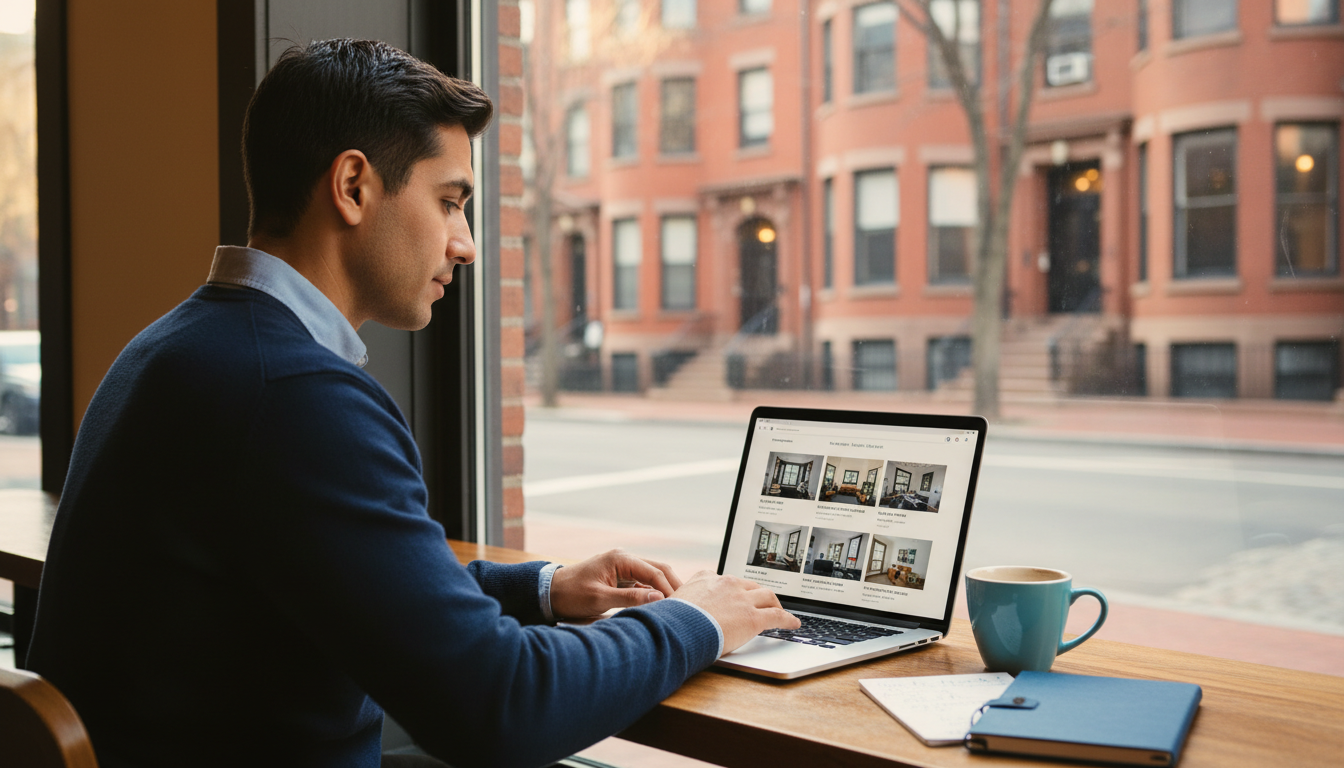 Boston visitor researching Boston apartments on a laptop at a café near a window with a brownstone street outside — where to stay in Boston during the FIFA World Cup 2026