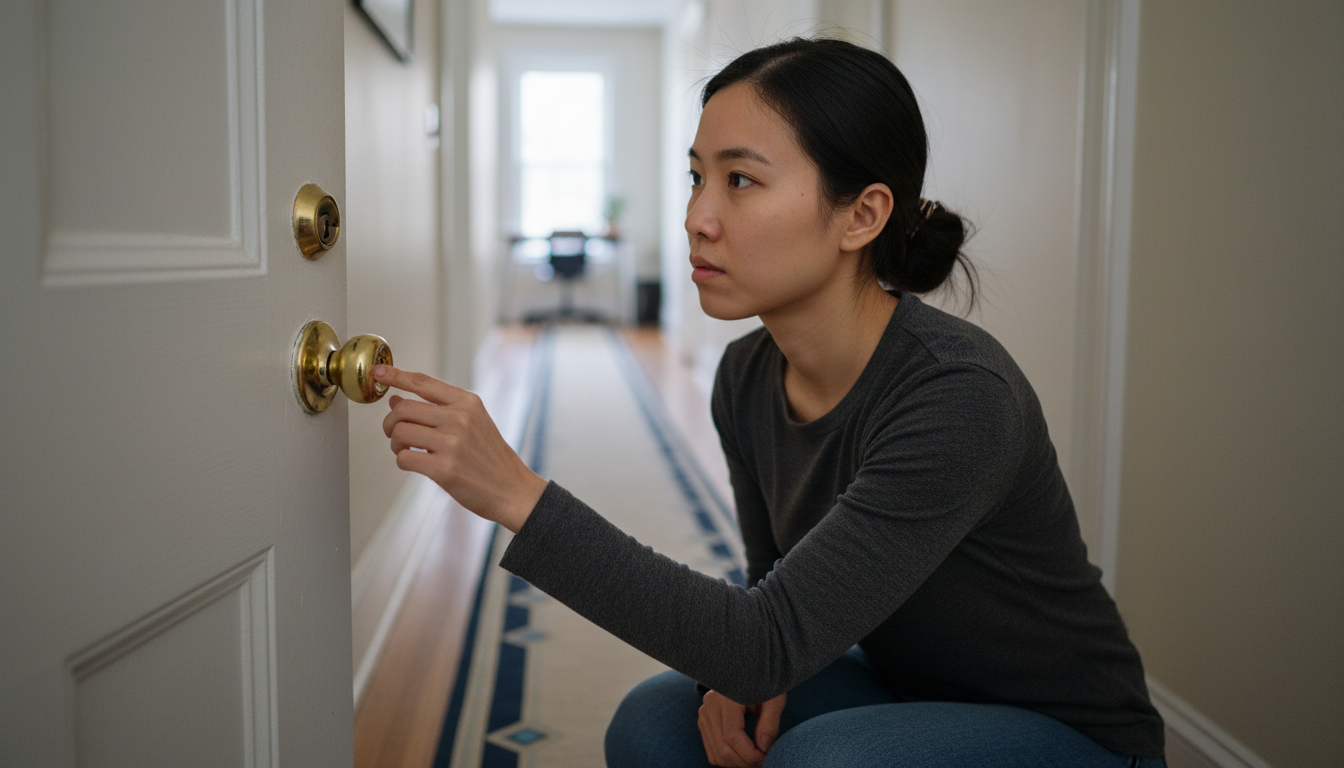 Close-up of a renter checking a privacy thumb-turn lock on a bedroom door in a shared Boston apartment