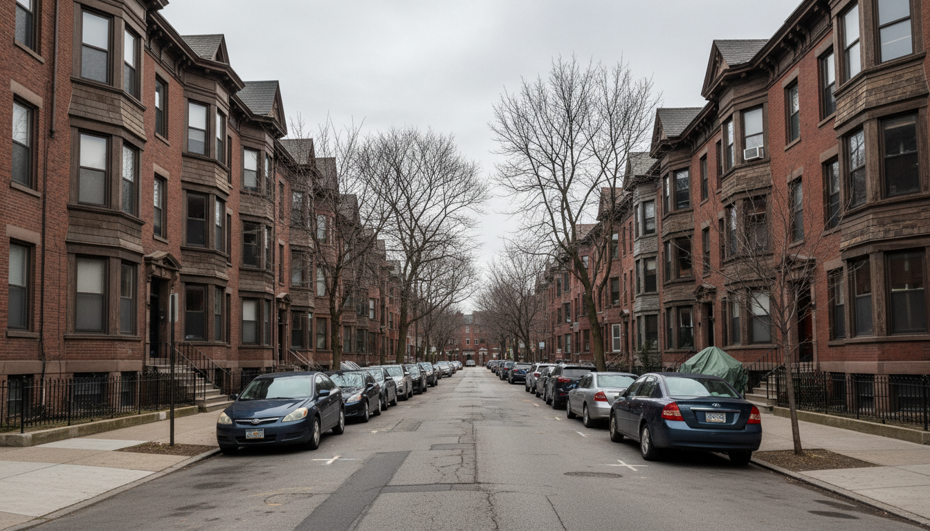 Row of brick apartment buildings on a residential Boston street