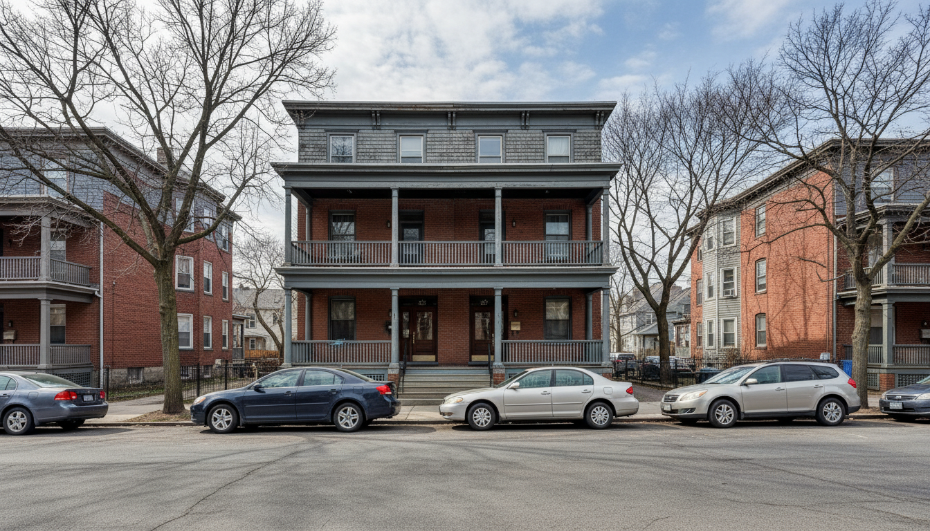 Exterior of a classic Boston triple-decker apartment building, representative of a two-or-more-unit residence under the state sanitary code