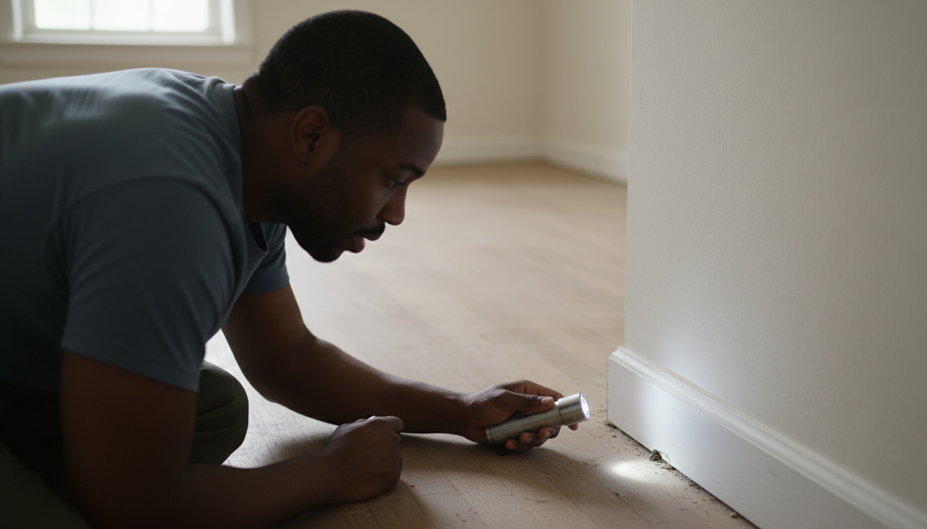 Close-up of a hand using a flashlight to inspect a baseboard gap for pest entry points during a Boston apartment showing