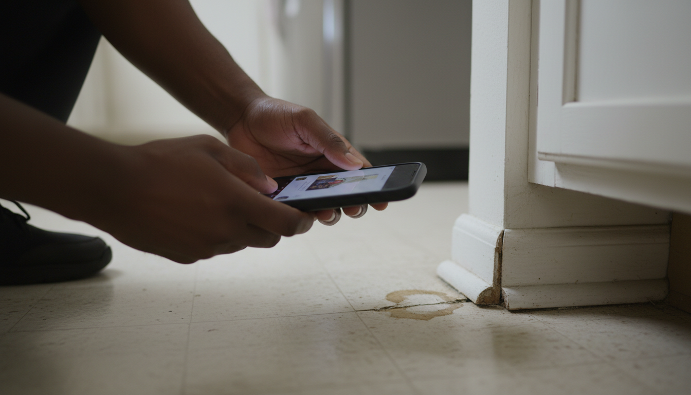Hands holding a smartphone to photograph a water stain near a baseboard, documenting a pest-related issue for a written report to the landlord
