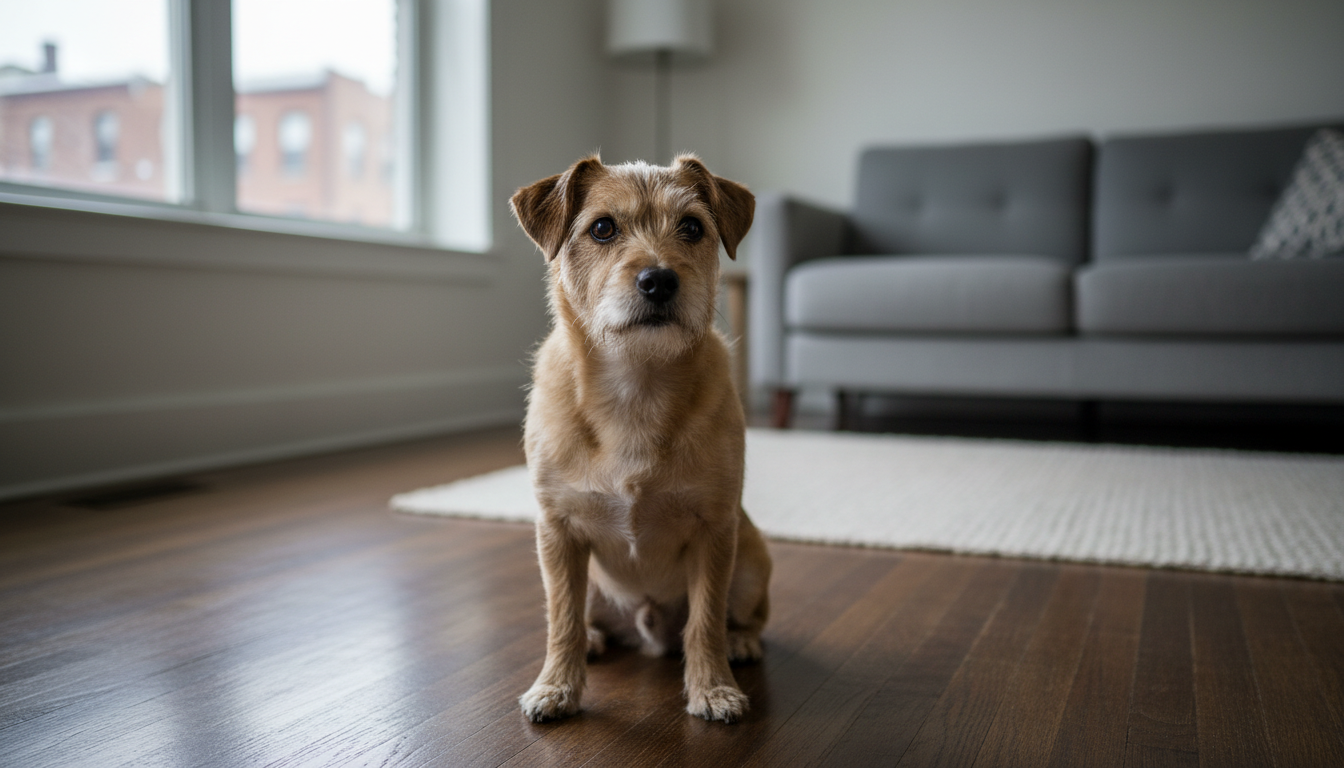 Small dog sitting in a Boston apartment living room, illustrating pet deposit and pet rent rules for renters