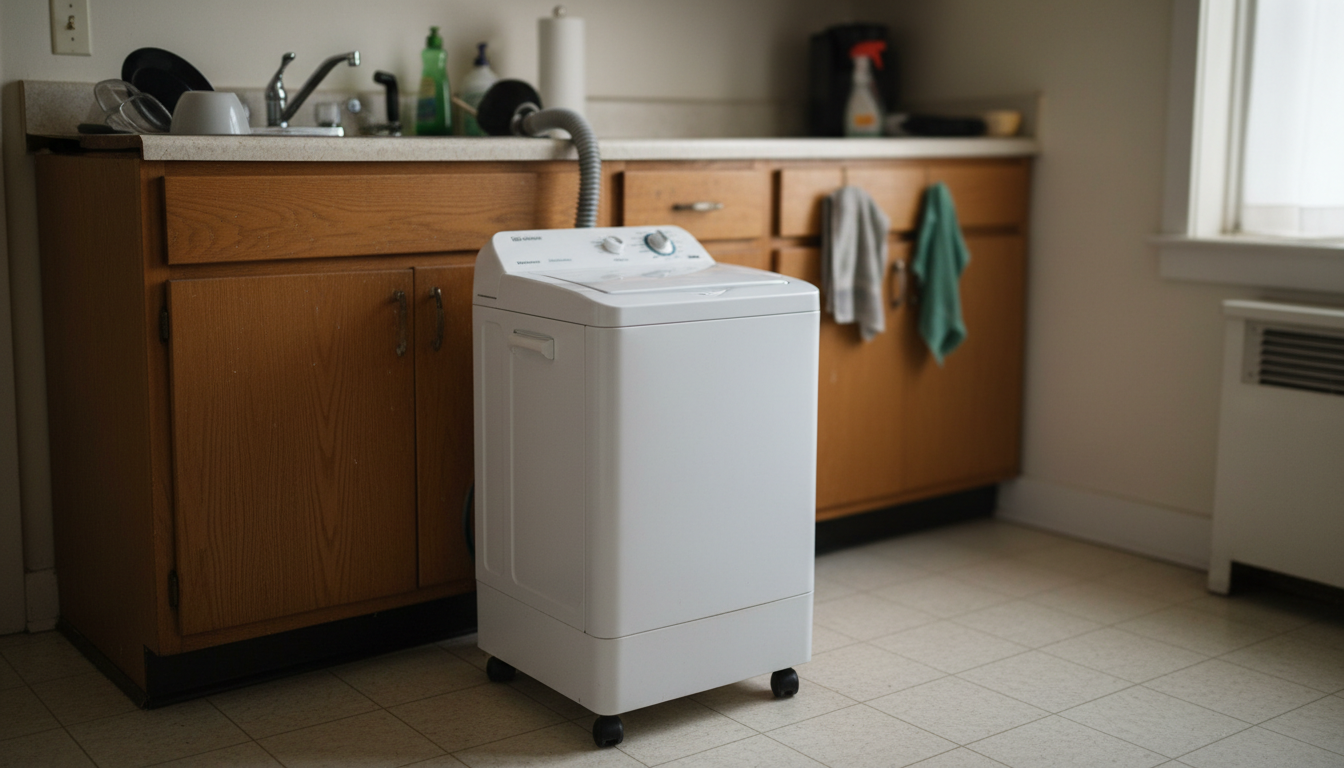 Portable washing machine connected to a kitchen sink in a small Boston apartment, an alternative to paying for coin-op laundry