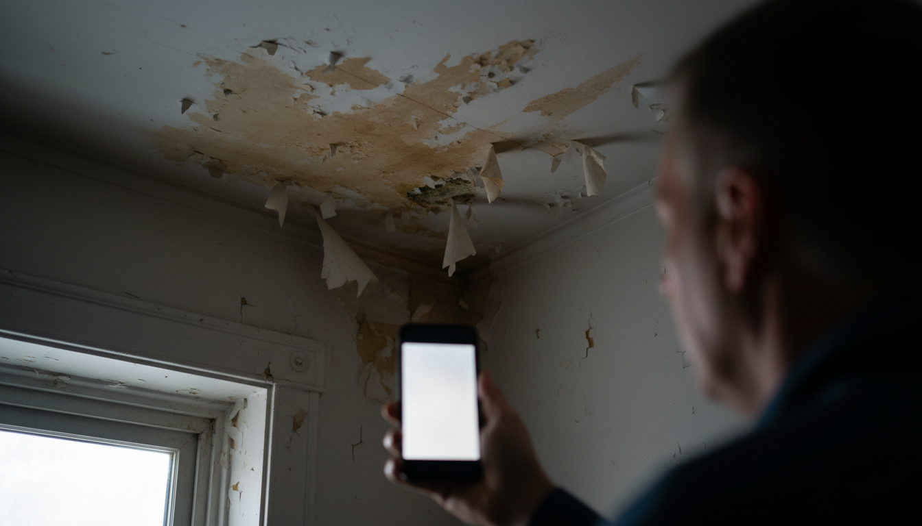 Person photographing a water-damaged ceiling in a Boston apartment to document a code violation