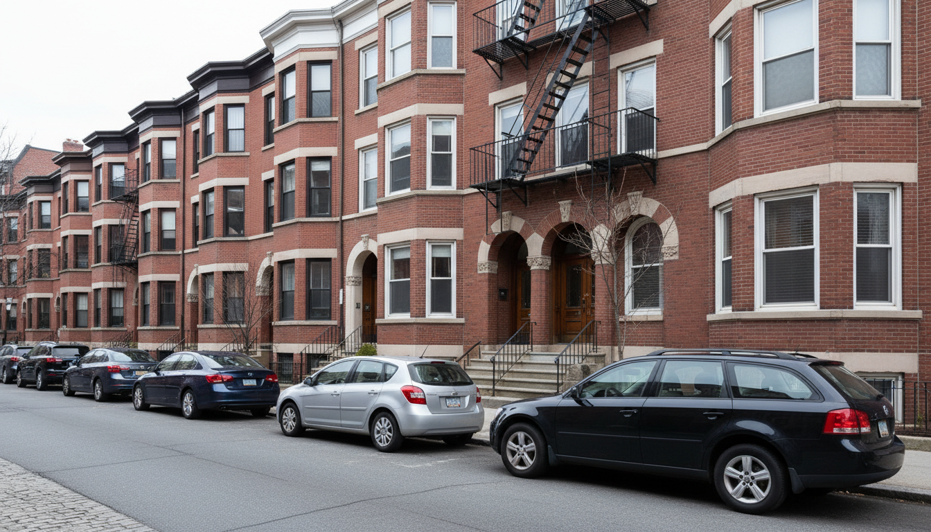 Brick rowhouse apartment buildings on a residential Boston street
