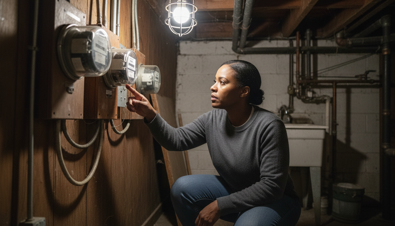 Renter examining a bank of shared electric meters in a Boston triple-decker basement