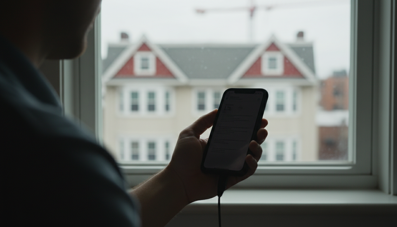 A renter using a smartphone near an apartment window to document construction noise, with rooftops visible outside