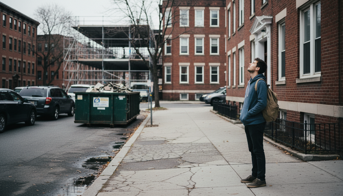 A prospective renter standing on a Boston sidewalk during a weekday visit, with construction scaffolding visible on the neighboring lot