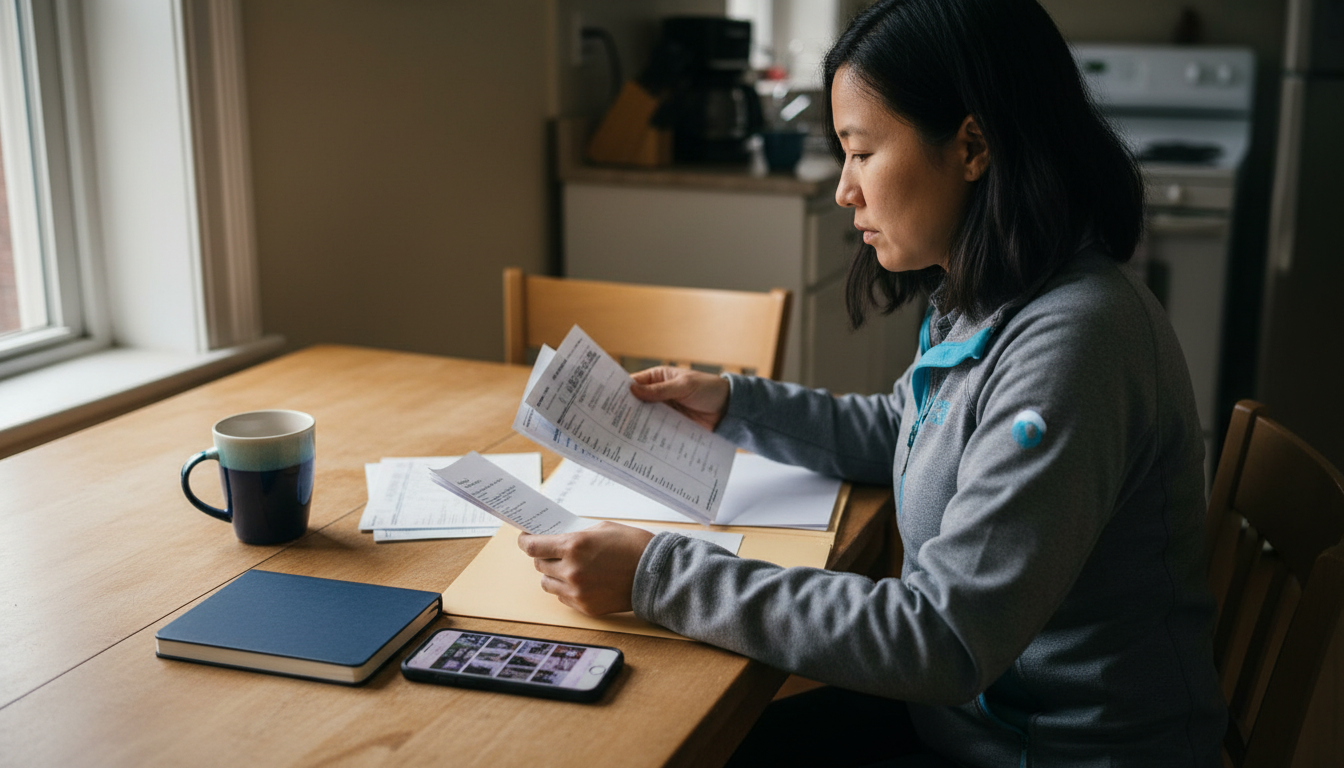 Renter at a kitchen table sorting lease paperwork, bank statements, and move-out photos to document a security deposit claim