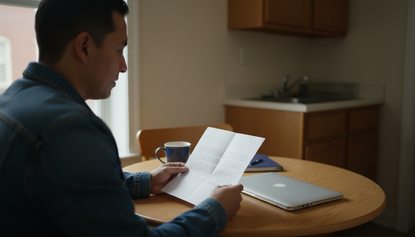 Renter reviewing an adverse action notice at his kitchen table after a rental application was denied