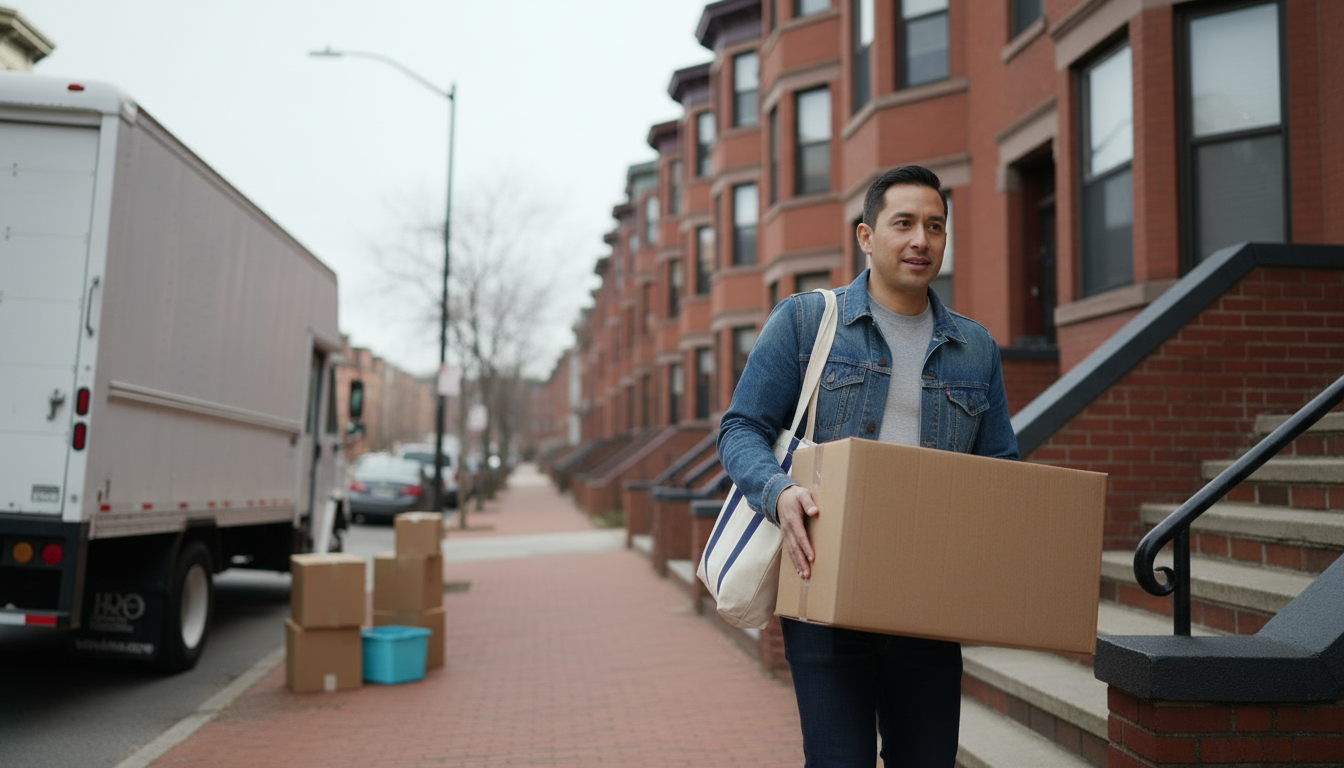 Moving boxes and a truck outside Boston triple-decker apartments on September 1, the day nearly all fall leases begin