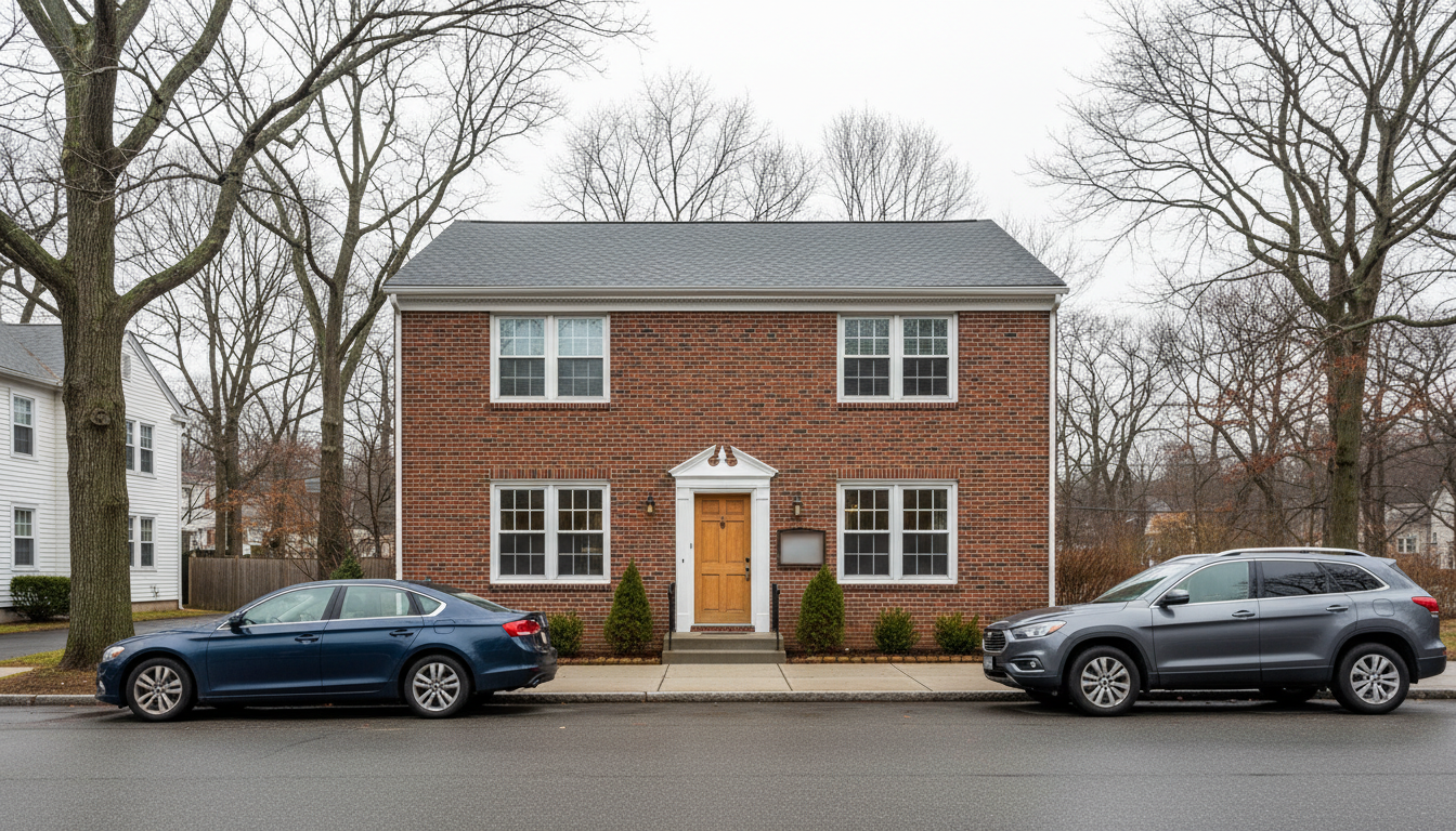 Exterior of a modest brick guest-house style building in Brookline representing hospital-affiliated family housing near Boston's Longwood Medical Area