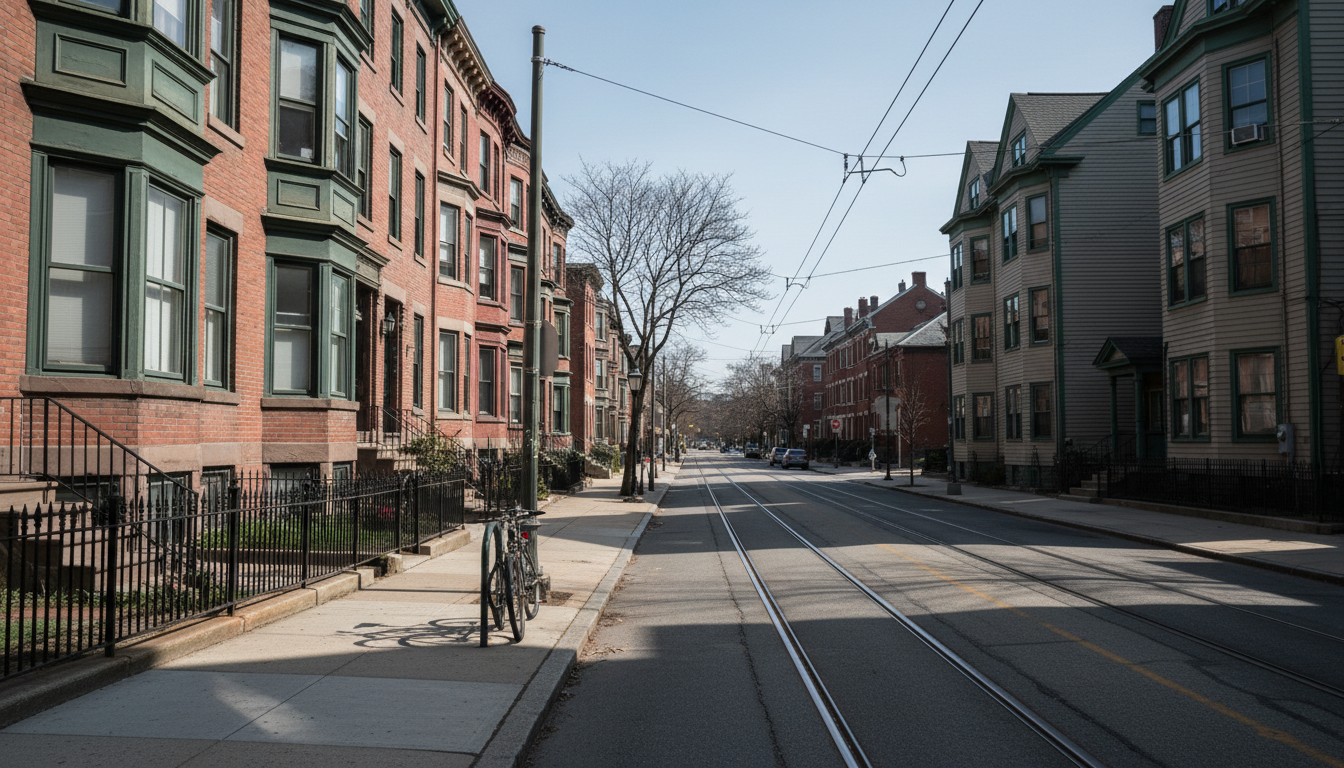 A Brookline street near the Longwood Medical Area with brick rowhouses and Green Line trolley tracks in the distance