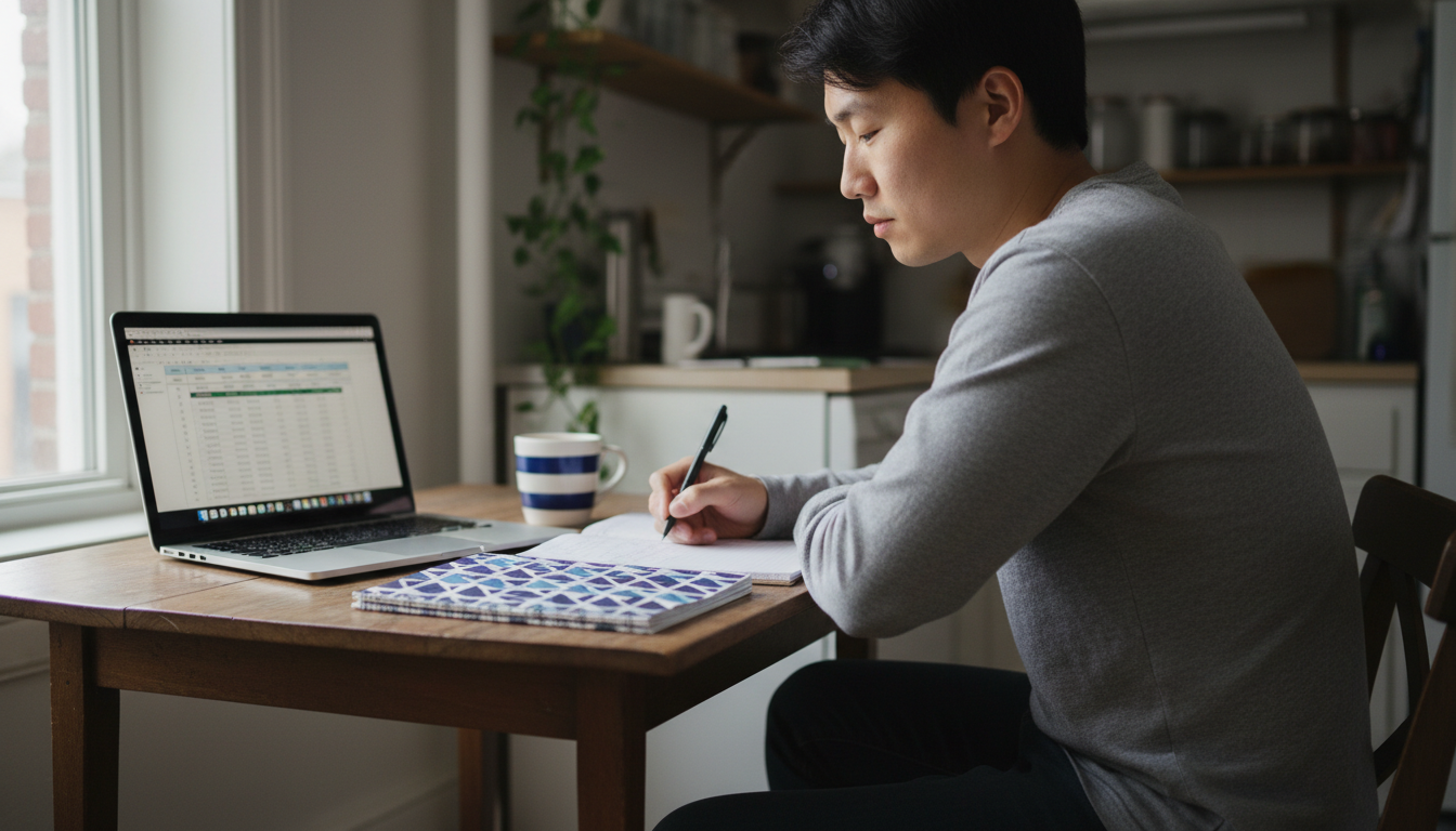 Renter budgeting for a studio apartment search at a kitchen table with a laptop and notebook
