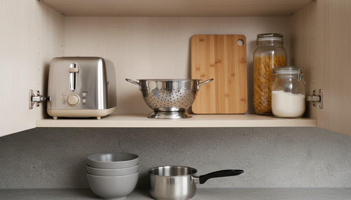 Close-up of a kitchen cabinet with dedicated, clearly separated cookware and pantry space