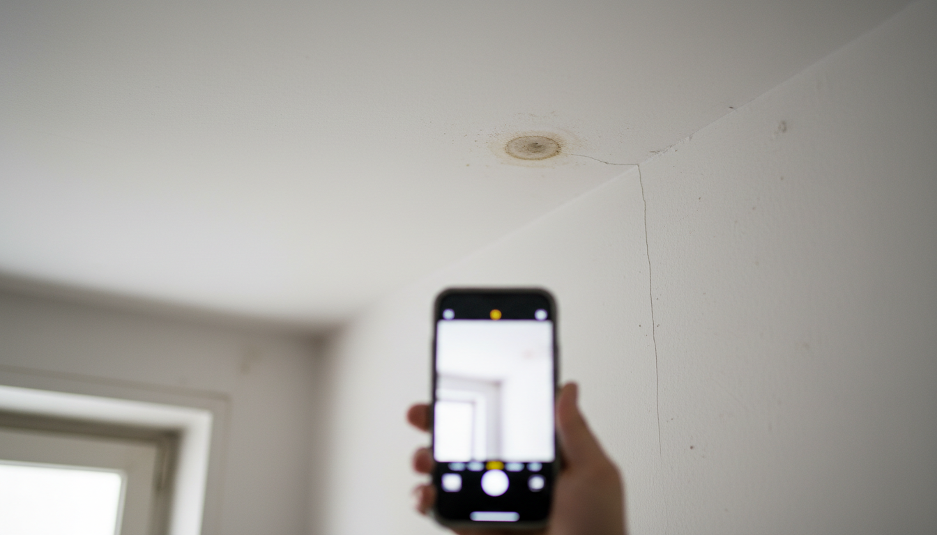 Renter photographing a ceiling stain and wall crack in an older Boston apartment before signing a lease