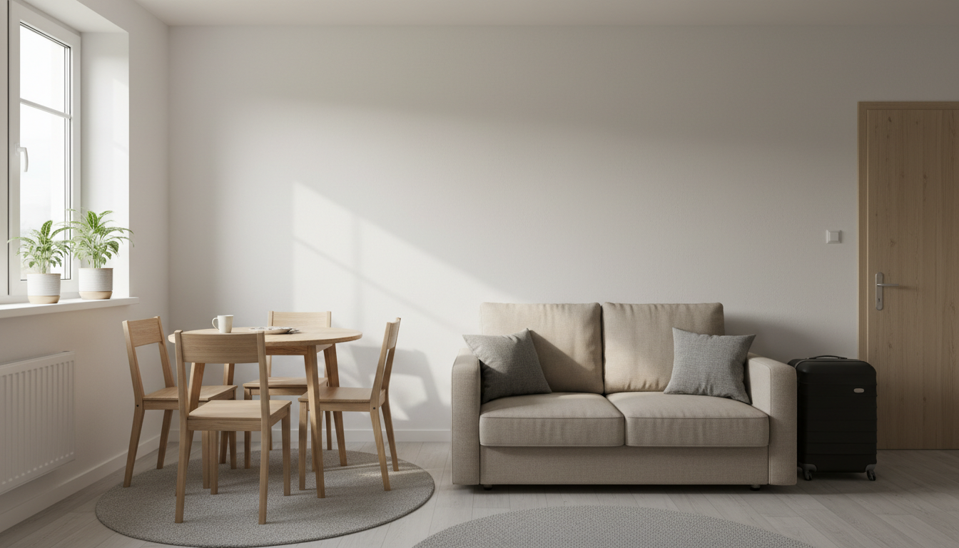 A simply furnished short-term rental living room with a sofa, small dining table, and a suitcase near the door