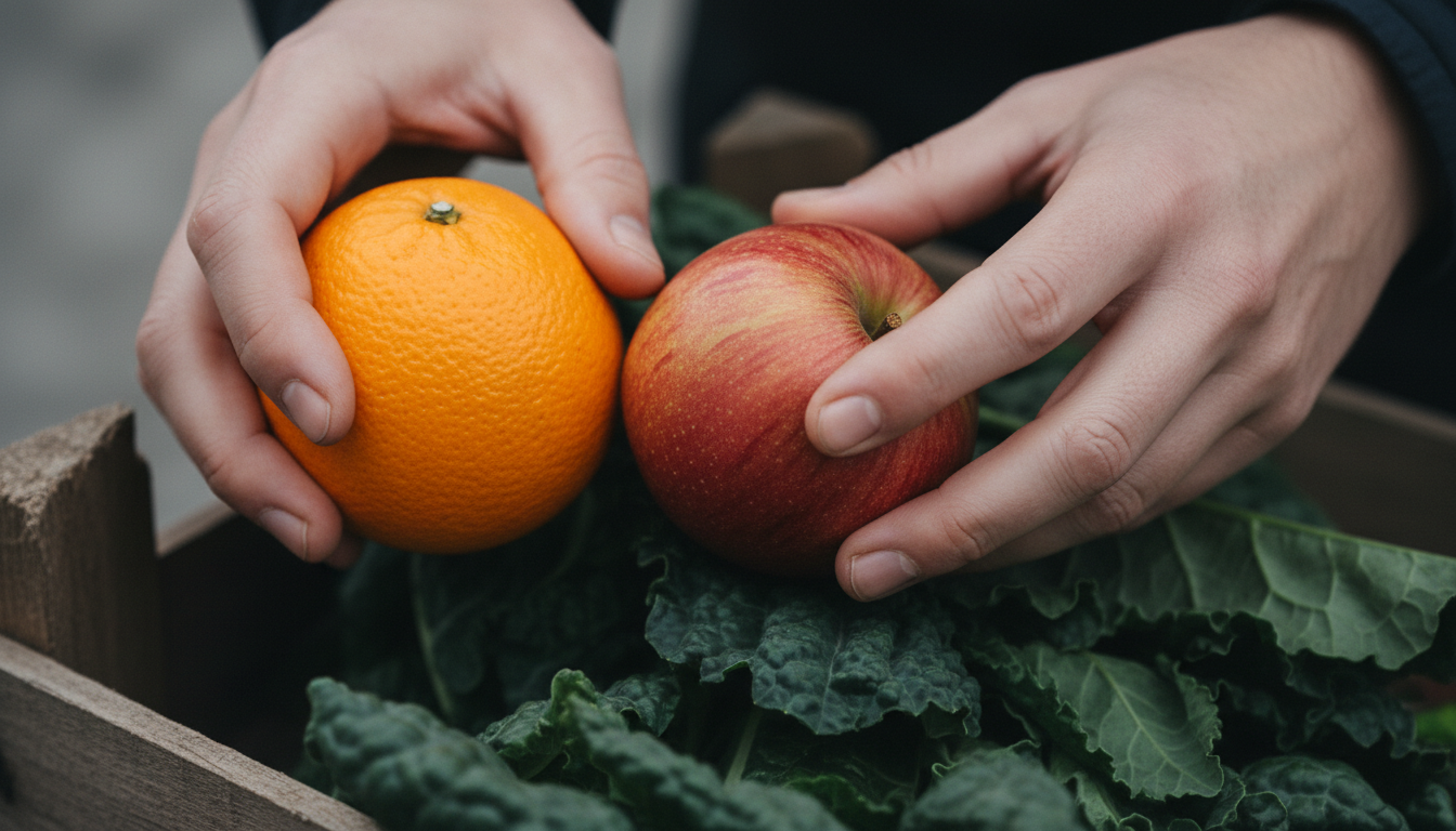 Close-up of hands picking through and holding fresh produce at an open-air market