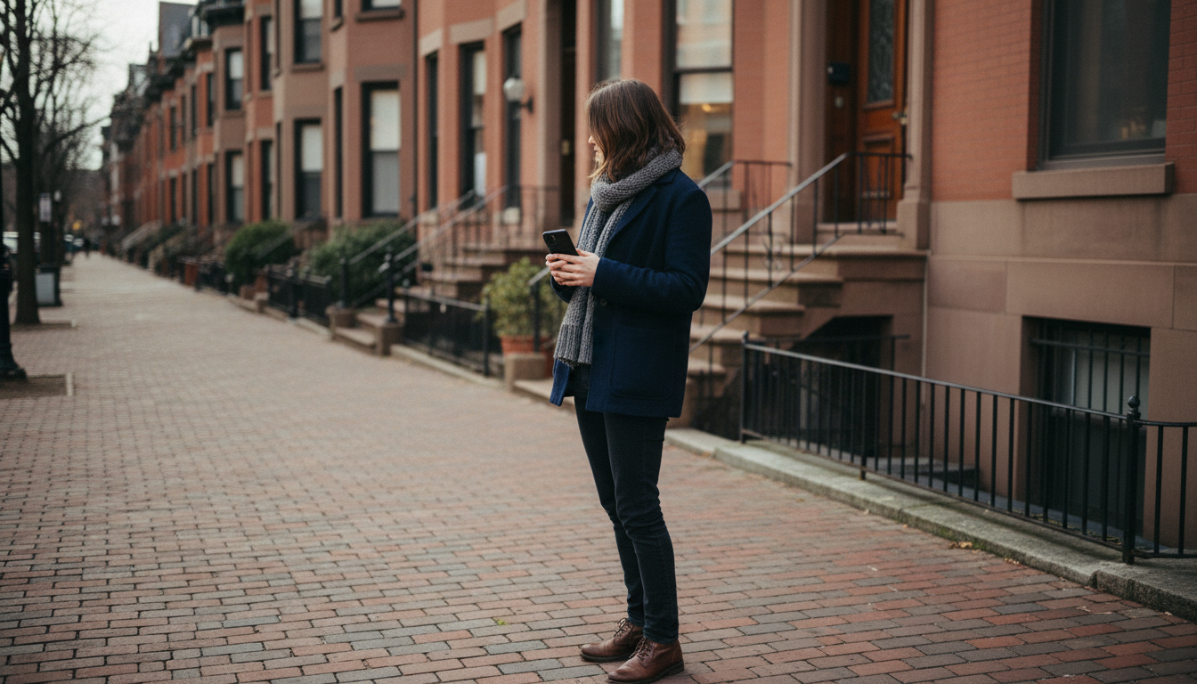 Person checking a map app on their phone while standing on a Boston sidewalk near apartment buildings and a bus stop