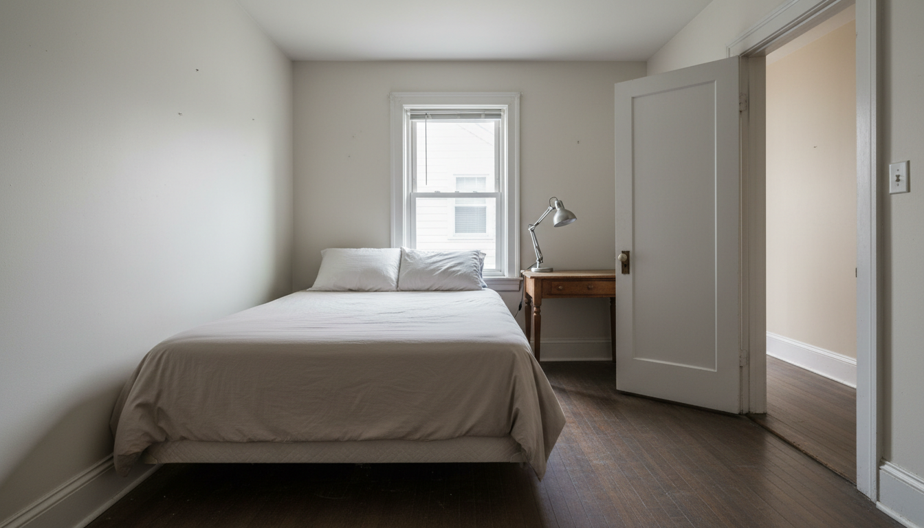 A single furnished bedroom in a Boston shared house, door ajar to a plain hallway, the kind of room sometimes listed as a whole apartment