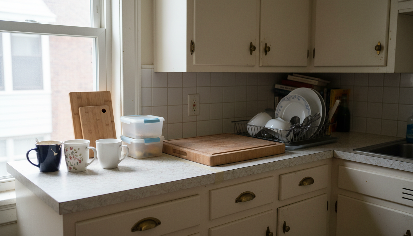 A shared kitchen counter with mismatched mugs and multiple sets of dishes, showing the common space several housemates split in a coliving or room rental setup