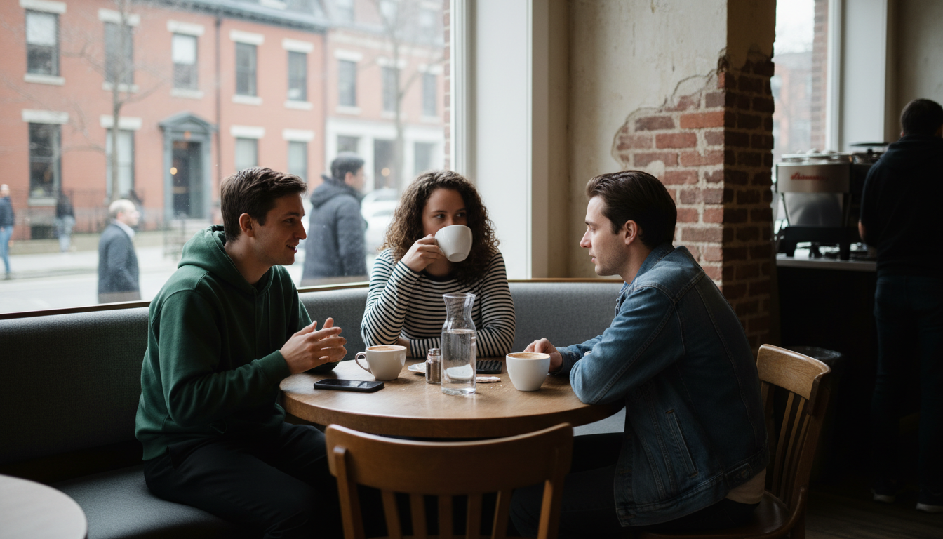 Three people meeting in a public Boston coffee shop, one bringing a friend along to a first in-person meeting with a potential roommate