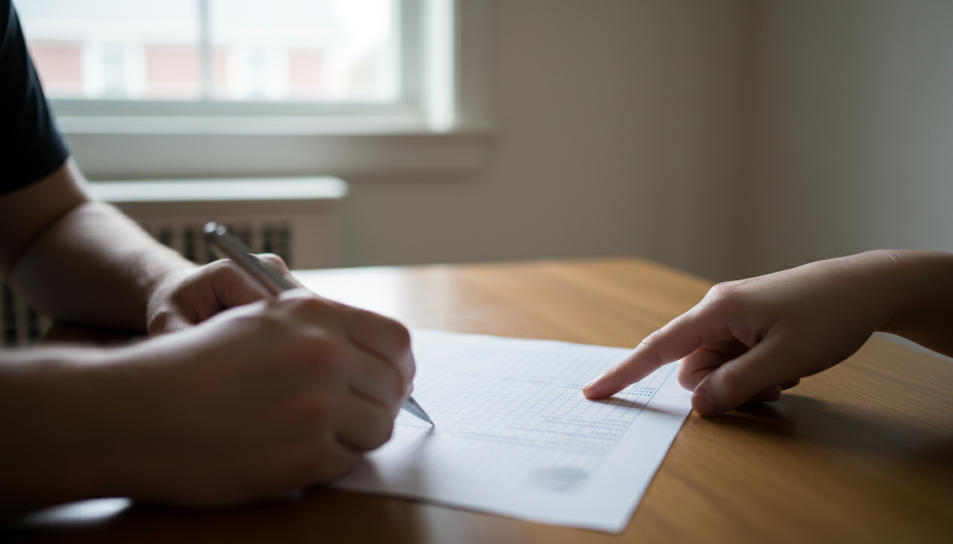 Two roommates reviewing and signing a written roommate agreement at a kitchen table in a Boston apartment