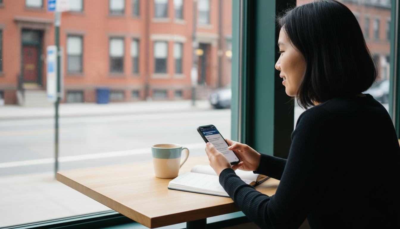 Boston renter reading the MBTA planned work schedule on her phone at a cafe, dates noted in a notebook.