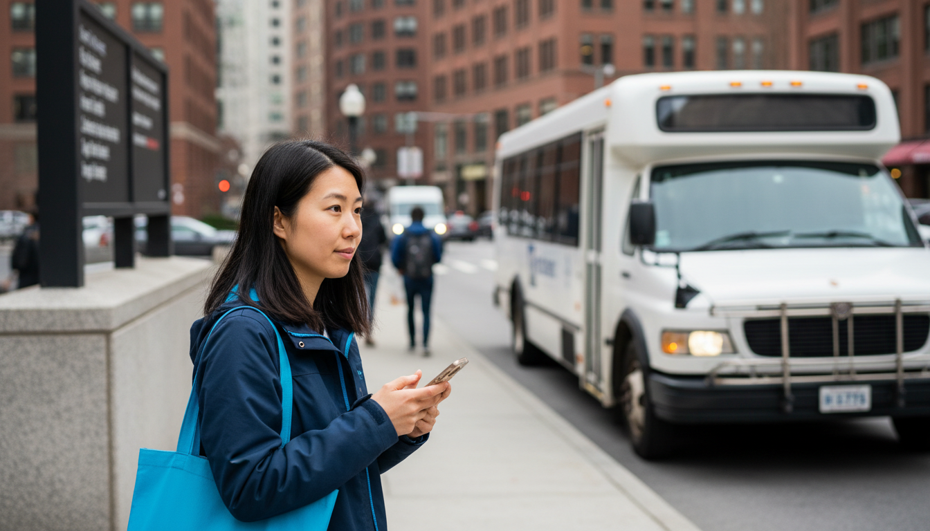 Boston renter waiting for an MBTA shuttle bus outside a closed station entrance during a planned closure.
