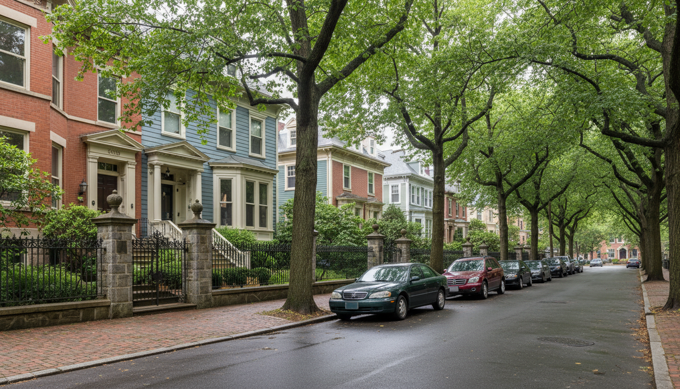 Leafy residential street of brownstones in a quieter, professional-leaning Boston-area neighborhood