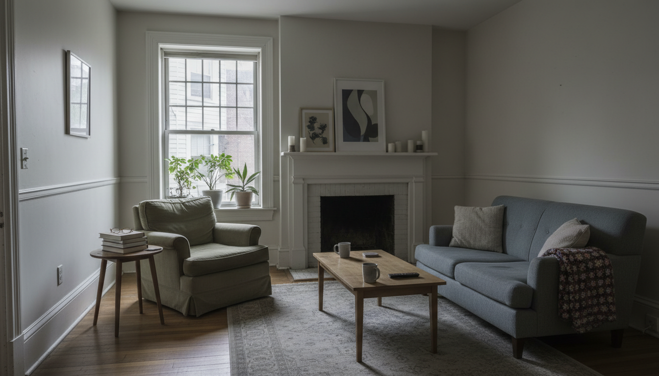 Shared living room in a Boston home where a tenant and their live-in landlord both use the common space