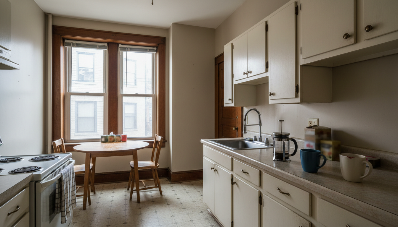 Shared kitchen in an owner-occupied Boston home, illustrating the day-to-day of living with a live-in landlord