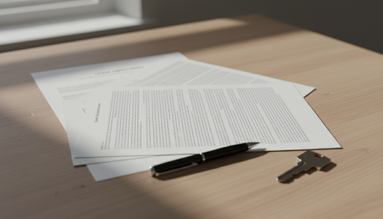 A closed written room-rental agreement and house key on a table, representing the importance of putting terms in writing