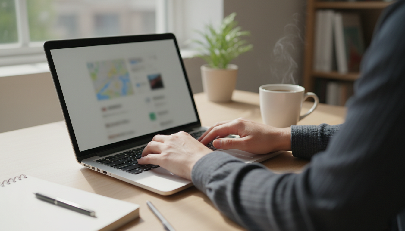 Close-up of hands reviewing an apartment listing and map on a laptop at a home desk