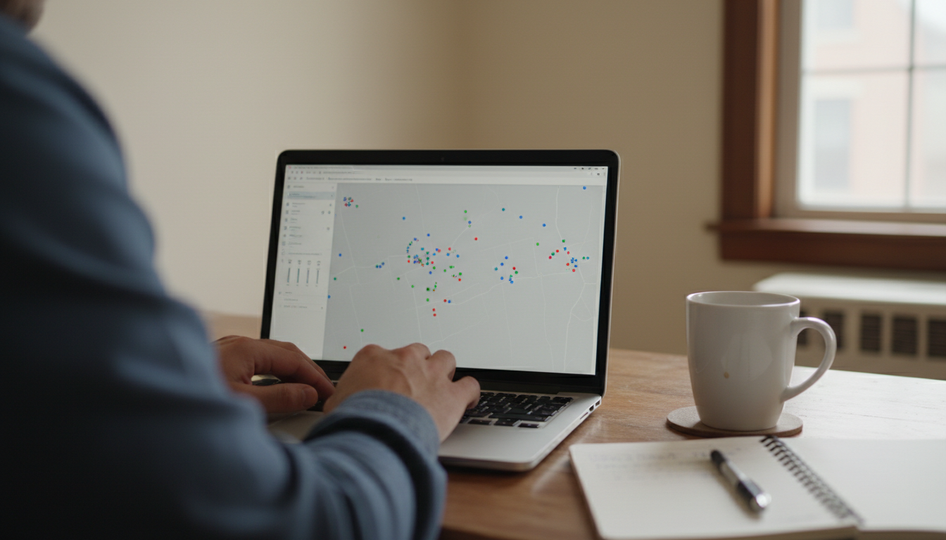 Close-up of a renter examining an open crime data map on a laptop screen