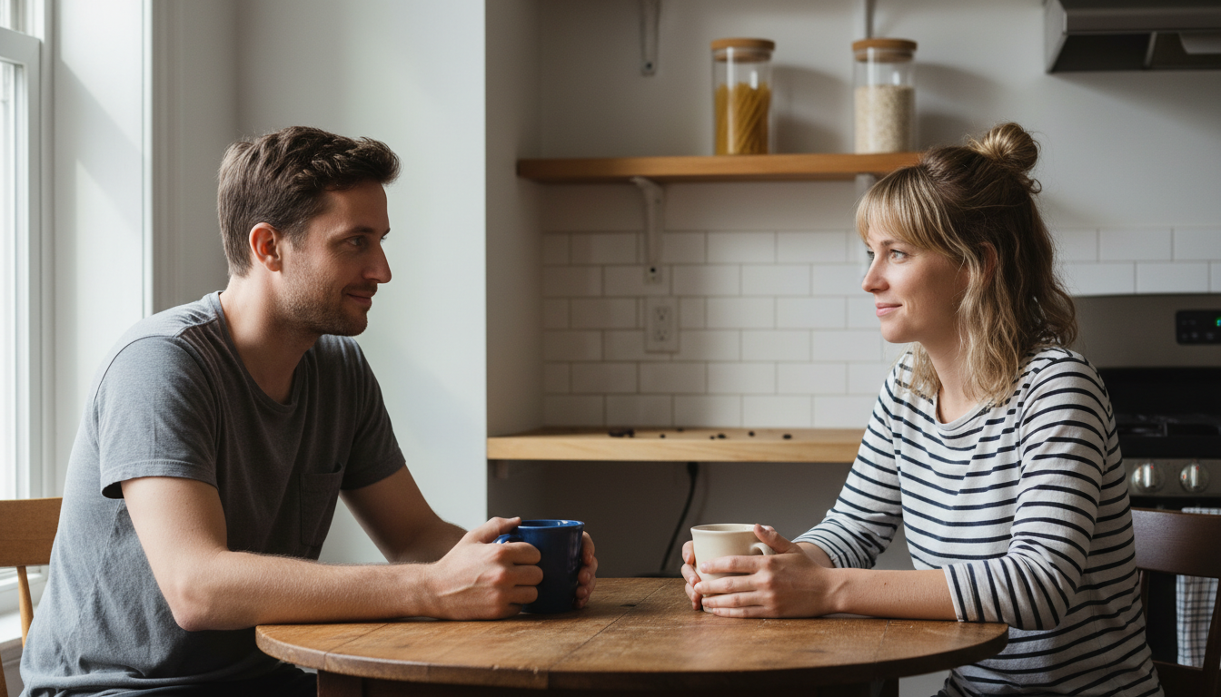 Two prospective roommates talking calmly over coffee at a kitchen table in a Boston apartment