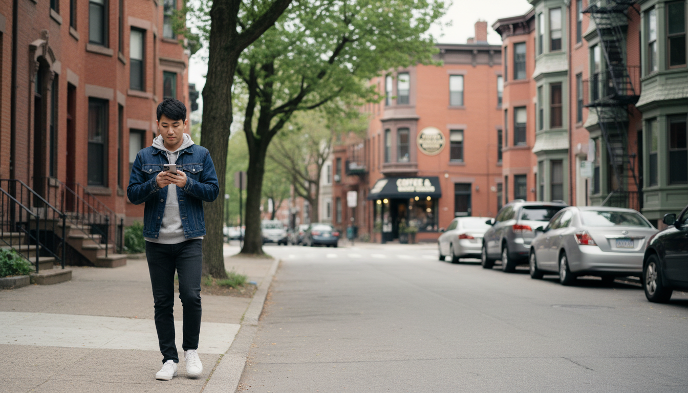 Renter walking a Boston residential street lined with brick rowhouses while comparing studio apartment neighborhoods on his phone