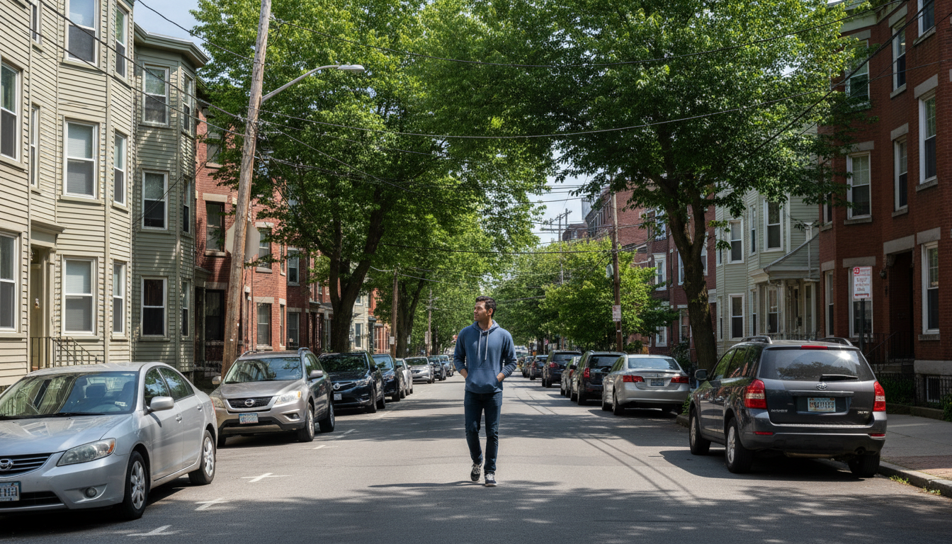Person walking down a residential Boston street lined with triple-deckers during the day
