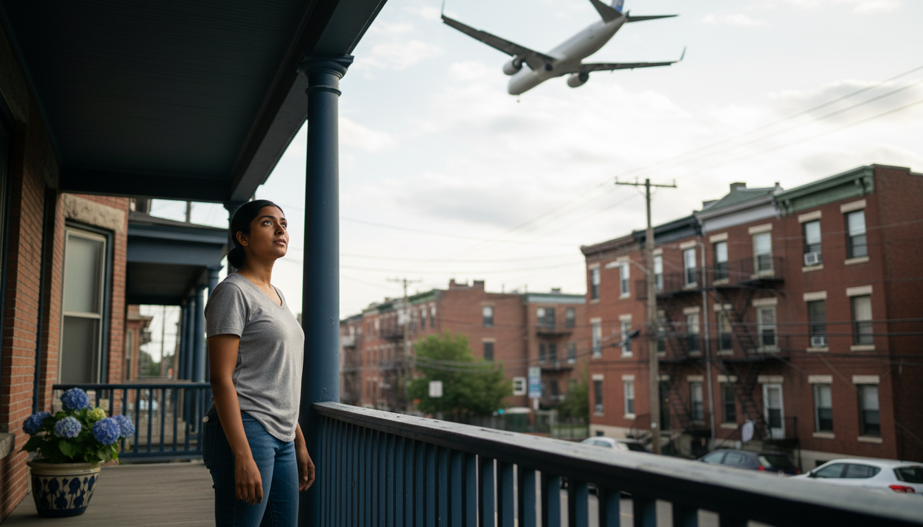 A South Asian female renter looks up from a triple-decker porch in East Boston as a passenger jet passes low overhead on approach to Logan Airport.