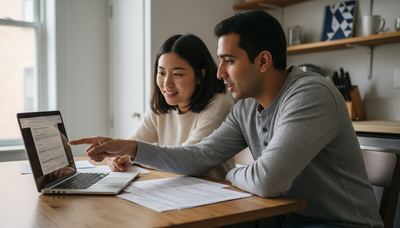 Two Boston roommates review a rental application together at their kitchen table.