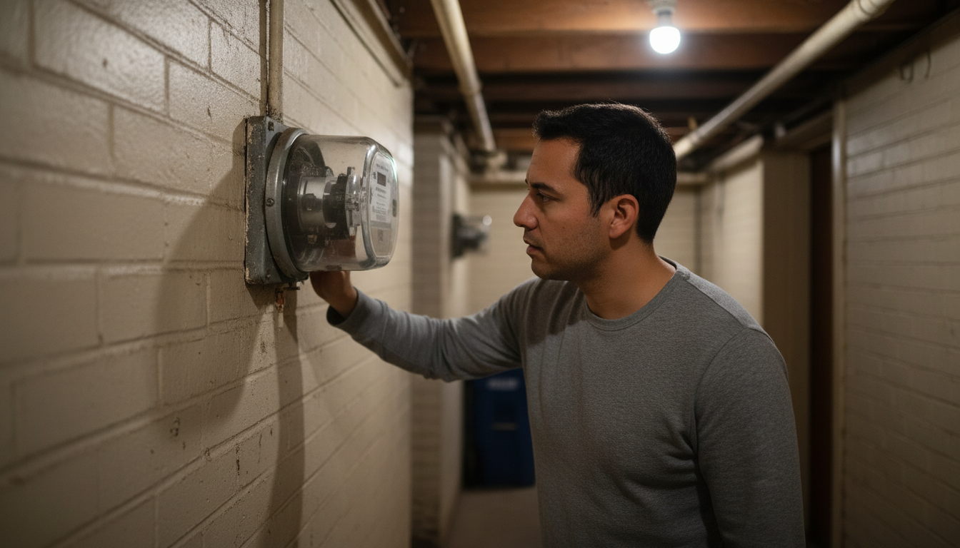 Man examining an electric meter in a Boston triple-decker basement, illustrating the delivery-side infrastructure a utility maintains