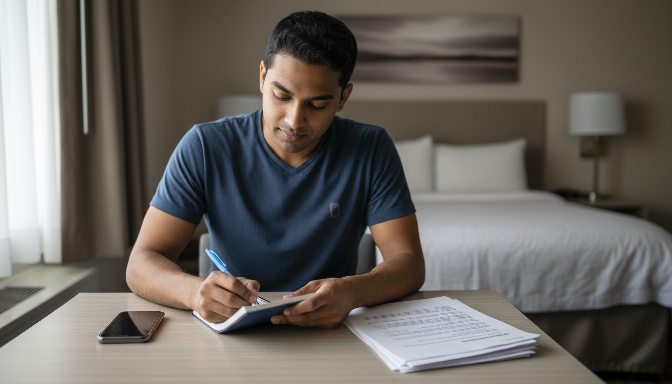 Boston renter writing down the date after his apartment becomes unlivable, organizing dated letters and receipts in temporary housing.