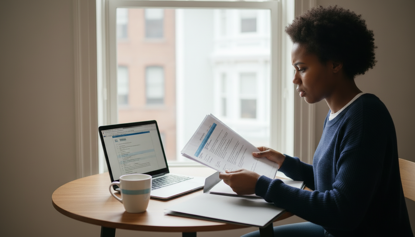 The same Black woman renter organizing pay stubs and an offer letter to prove her income in her Boston apartment