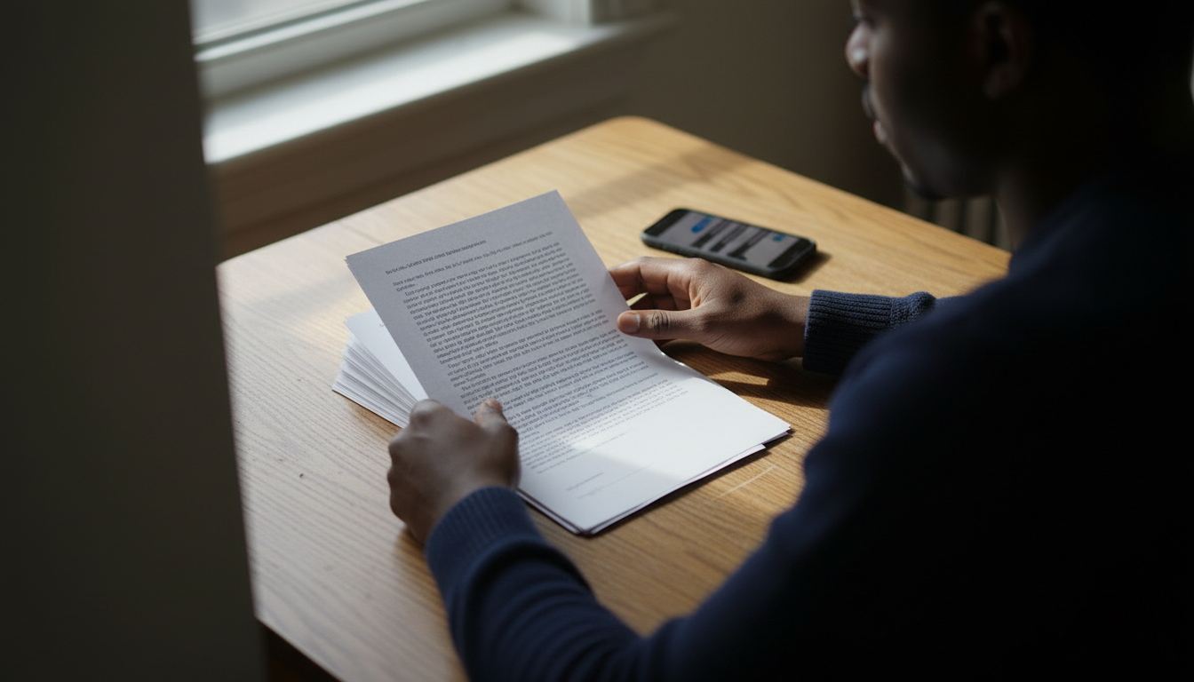 Close-up of a renter's hands organizing a sublet agreement, a short stack of lease pages, and a phone showing screenshotted messages on a kitchen table.
