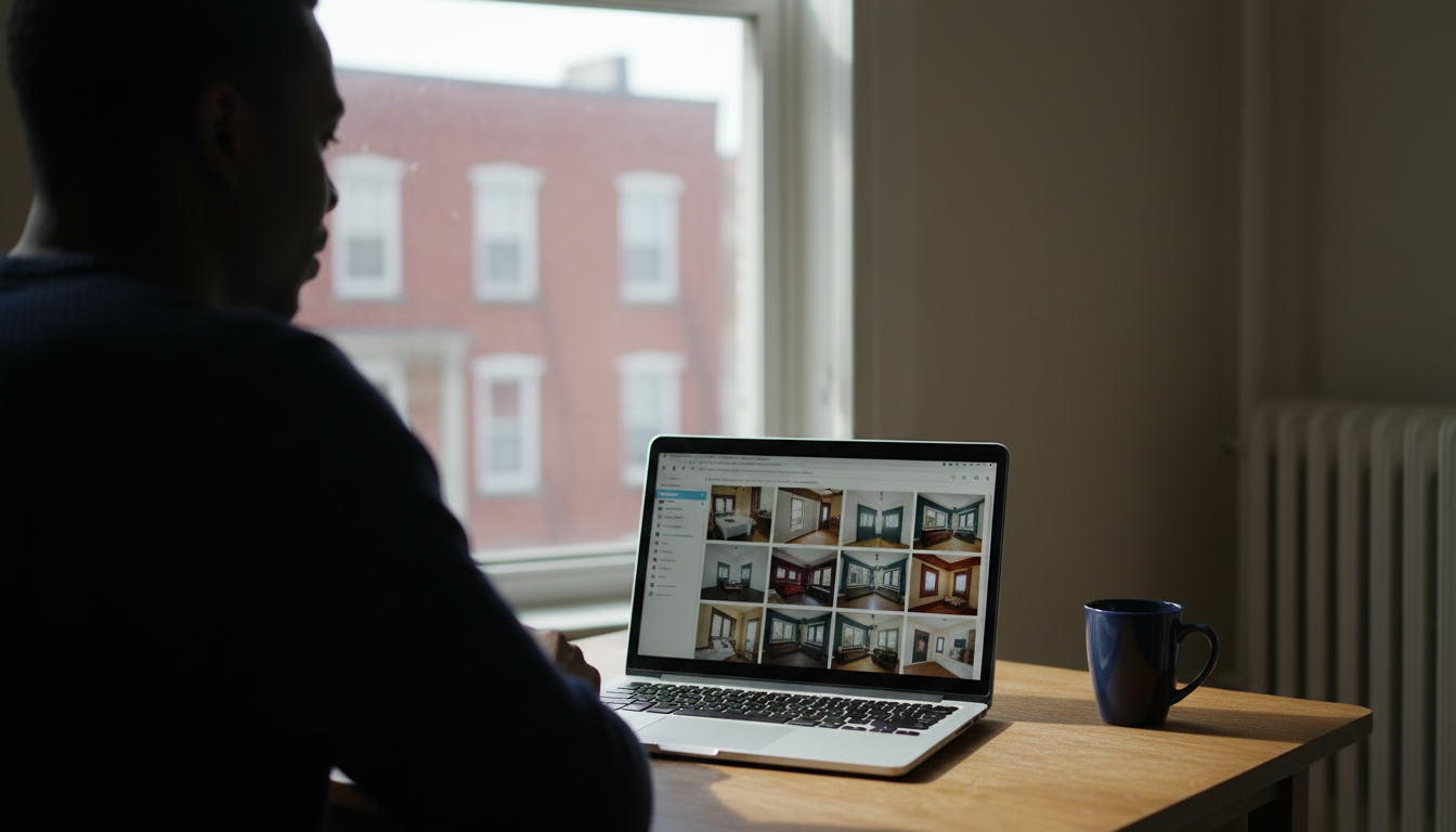 Boston renter browsing verified apartment listings on a laptop at a kitchen table after an unauthorized sublet situation, looking for a new place to live