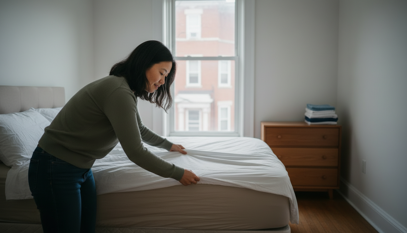 Boston tenant making up the bed in a spare room she is preparing to rent out to a subtenant.